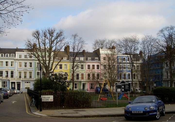 Terraced houses on the north side of Chalcot Square, Primrose Hill, London.