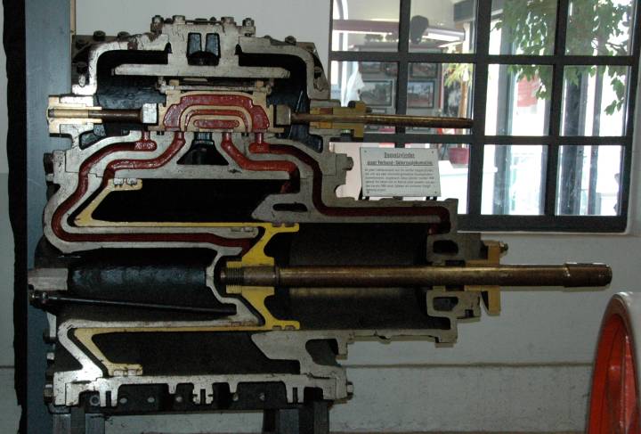 Cut-away view of a steam engines's cylinder
