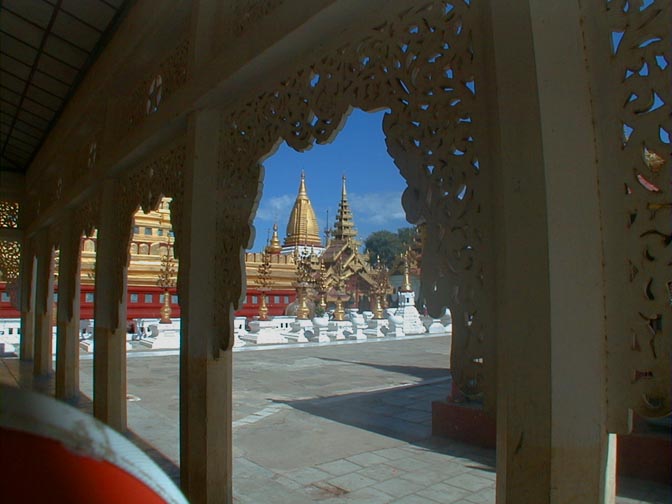 A view from one of the arcades, the Schewzigon Pagoda. Bagan, Burma [Myanmar]. 