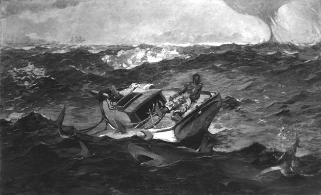 Slave in small boat surrounded by sharks in a storm.