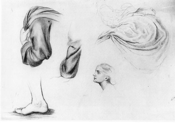 Studies of Drapery, a foot and a female head for the figure of Eld in
	Love's Passing 