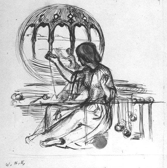 Sketch for the Lady of Shalott the lady sitting crosslegged by William