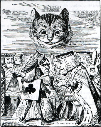 The Chesire Cat reappears above the cast of characters