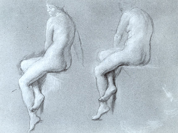 Two studies of a nude female figure, resting on a ledge, with her left leg crossing her right foot