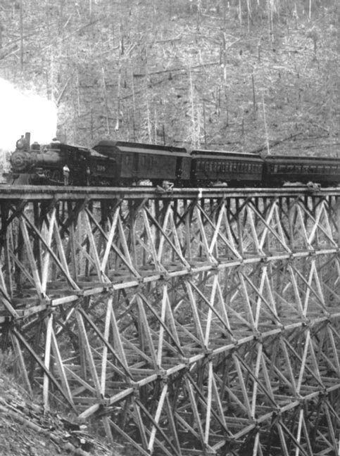 Northern Pacific Railroad engine 398 on a wooden trestle