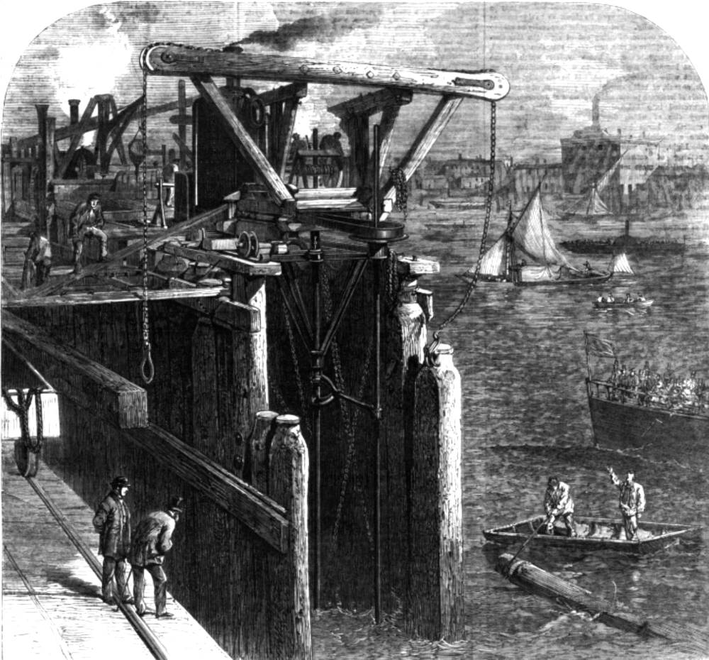 Progress of the Thames Embankment: cutting the piles which form the cofferdam