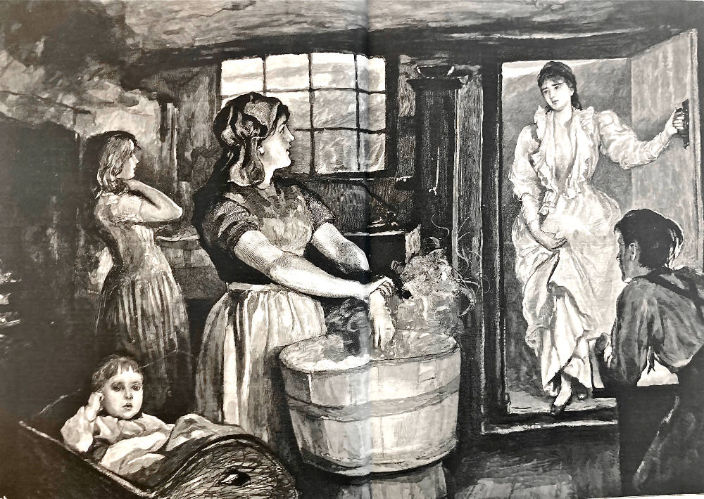 There stood her mother, amid the group of children, hanging  over the washing tub