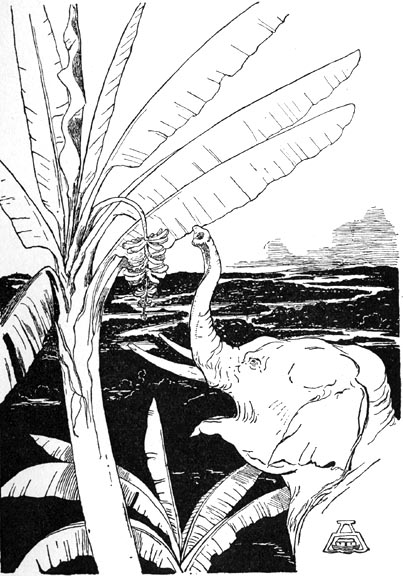 The Elephant's Child pulling bananas off a banana-tree