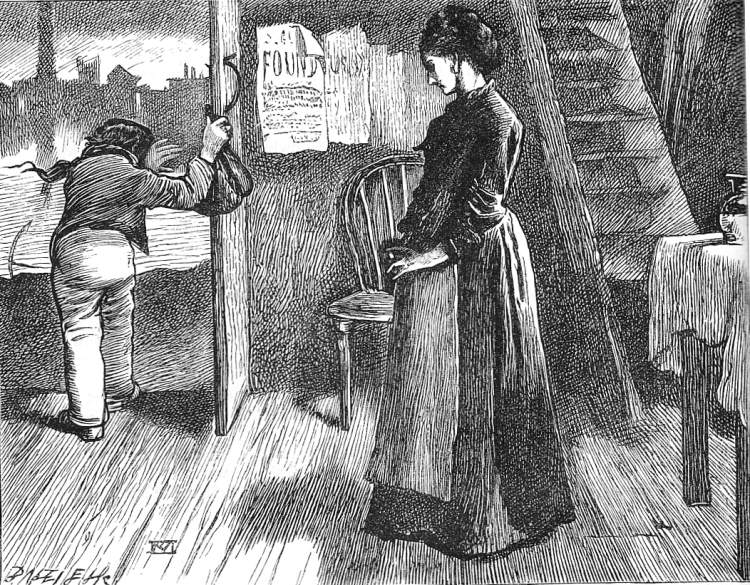 After holding her to his breast with a passionate cry,
he took up his bundle and darted out at the door, with an arm across his eyes.