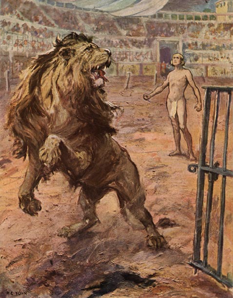 The lion . . . halted abruptly in the arena, raised itself half on end, uttered a baffled howl