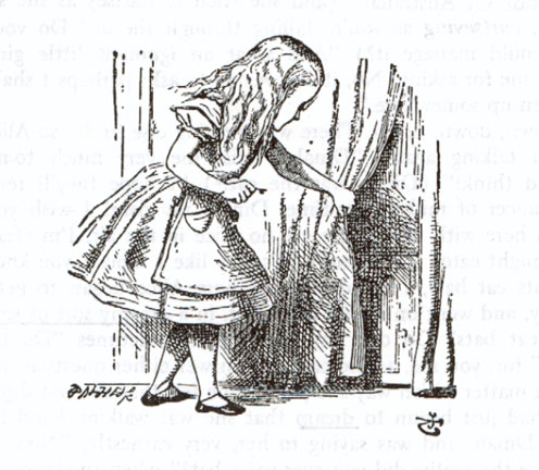 Alice, key in hand, finds the door to Wonderland