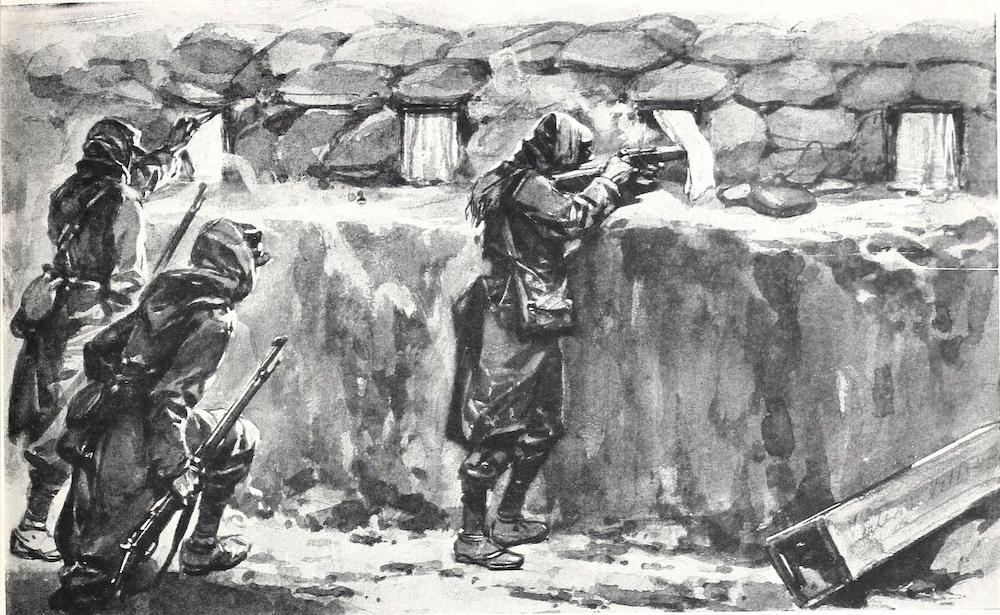 Soldiers firing through loosely covered loopholes in a fortification