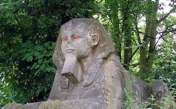 Sphinx at the south side, with traces of colour