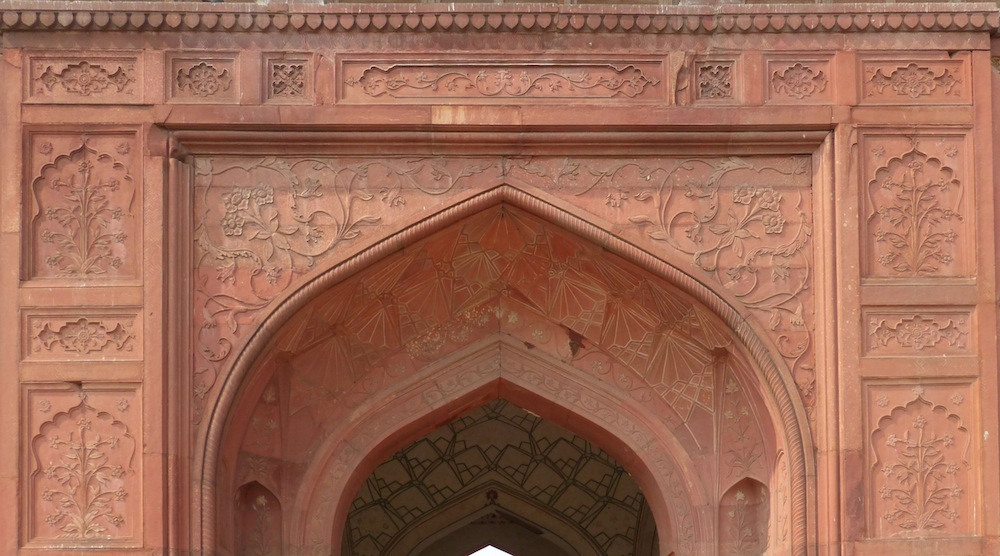 Carved facade of the Naubat-Khan, at the Red Fort, Delhi