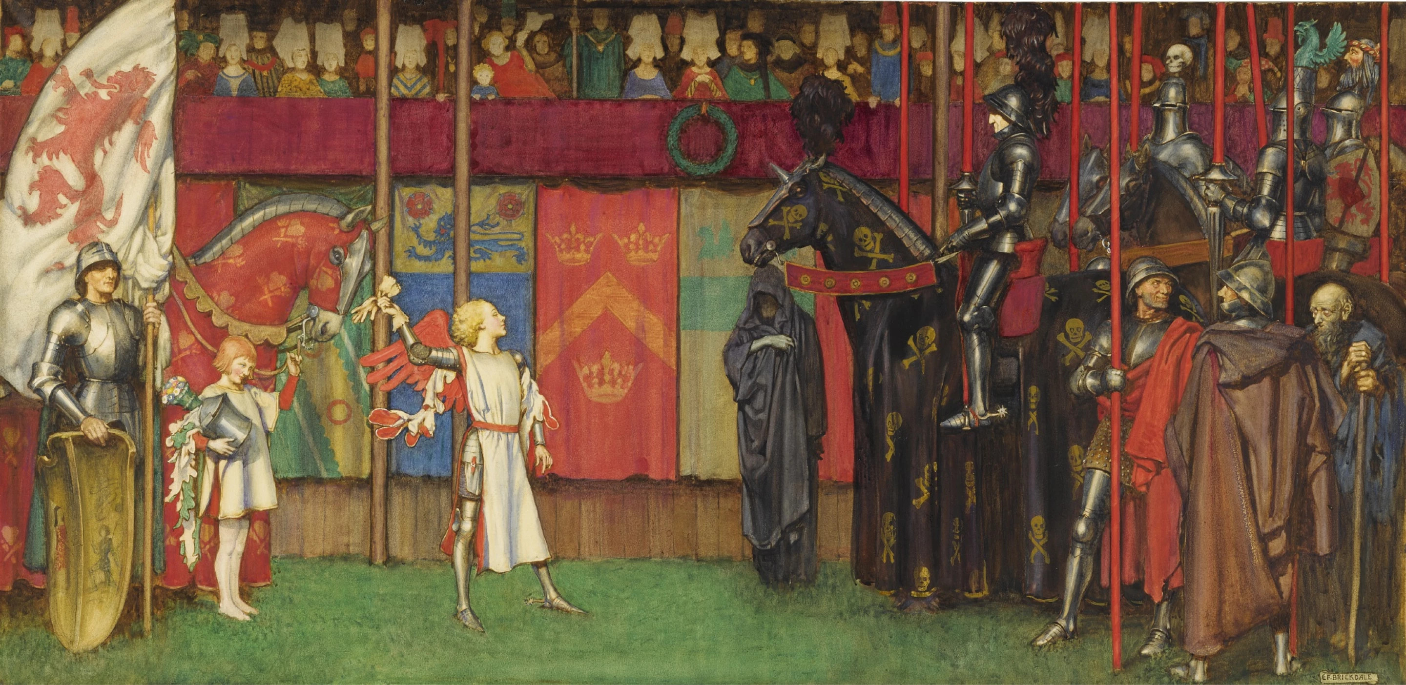 The Challenge, Arthurian scene, watercolour by Eleanor Fortescue-Bricklade