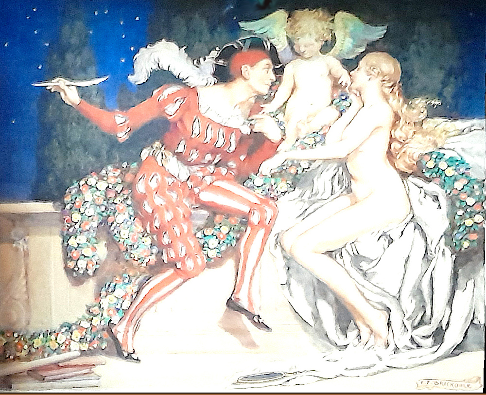 The Child of Truth or Fiction — a colourful harlequin figure with a quill in hand (Fiction) and a naked woman (Truth) with the child, a cherub, between them