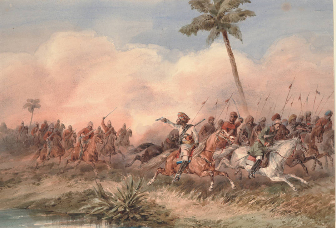 The 2nd Dragoon Guards, the Queen's Bays, routing the Lucknow mutineers near the Hyderabad road