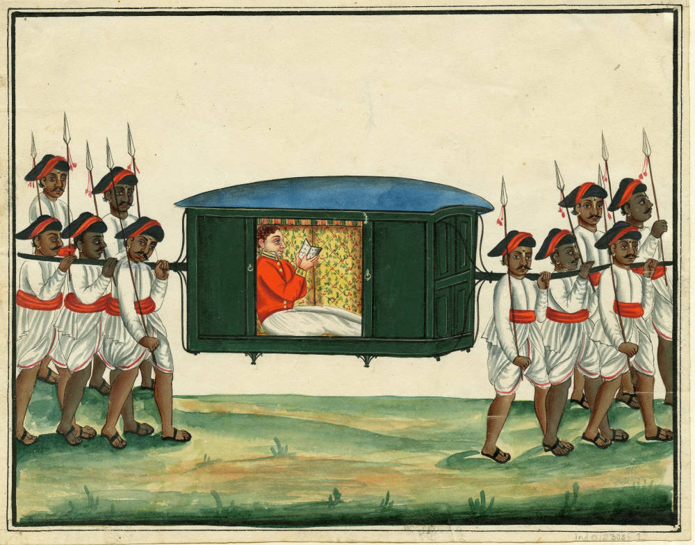 British officer in palanquin with Indian bearers