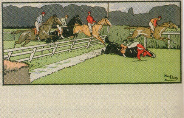 [Five horses with riders jumping a fence]
