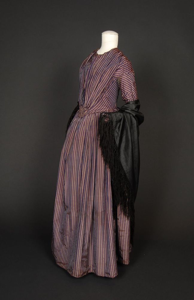 1840s red striped dress with signs of alterations