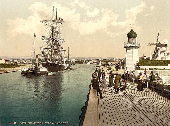 Ages of wind and steam power: A steam tug towing a sailing ship, Littlehampton Harbor