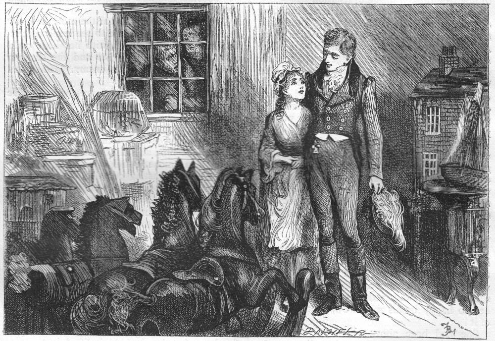 Suffering him to clasp her round the
waist, as they moved slowly down the dim wooden gallery