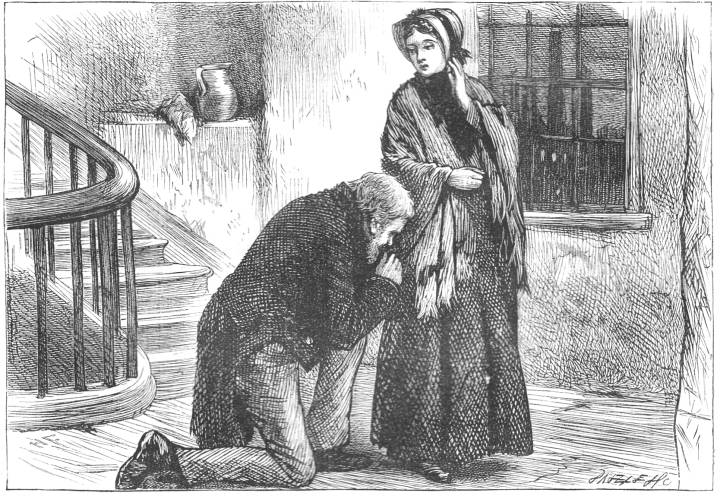 He Went Down Upon His Knee Before Her On
The Poor Mean Stairs, And Put An End Of Her
Shawl To His Lips