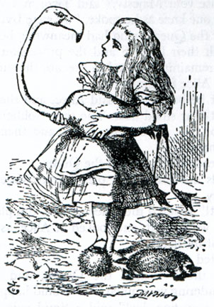 Alice tries to play croquet with a flamingo as mallet