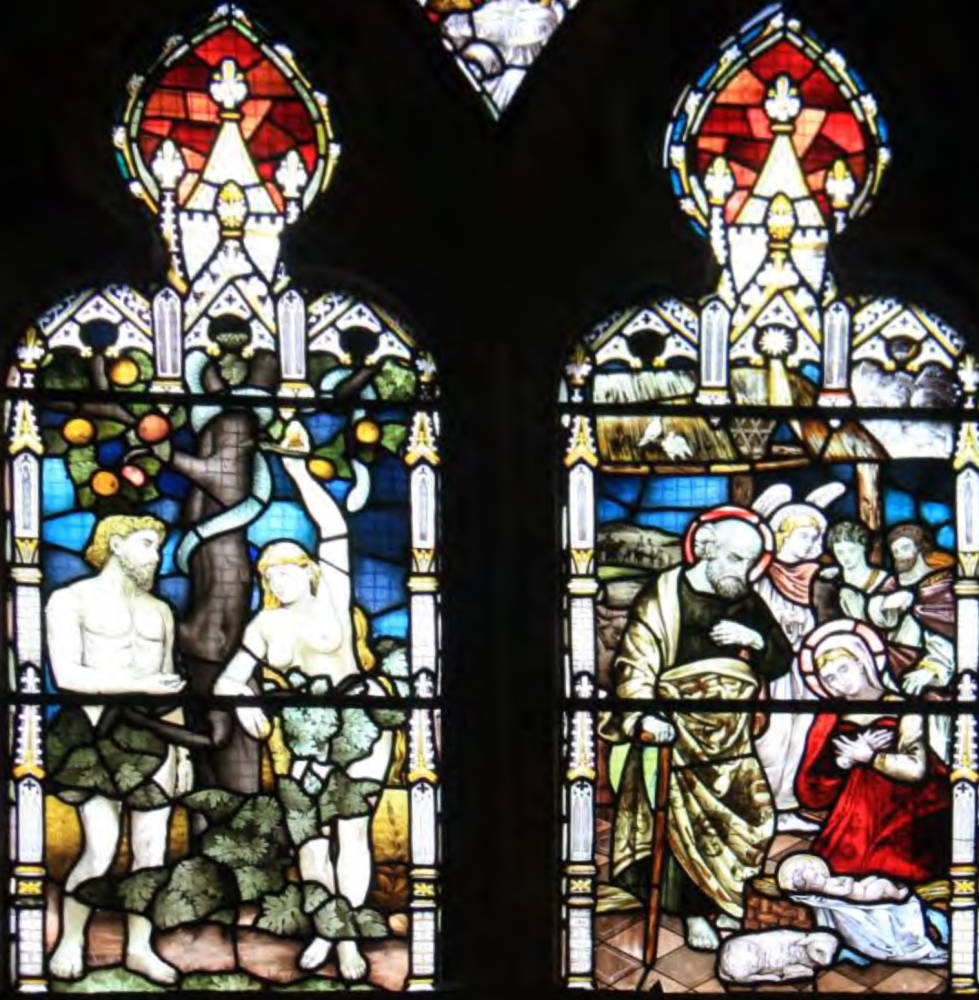 Sin and Redemption: Eve reaching for the forbidden apple and the Nativity and adoration