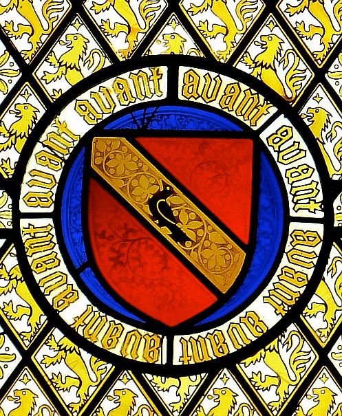 The Pugin arms in the dining-room window of The Grange