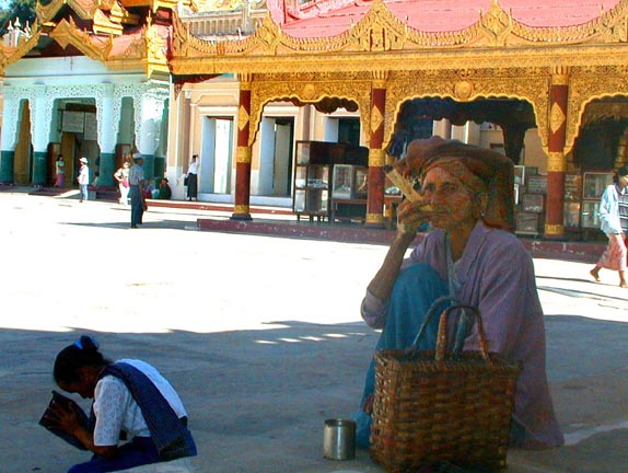A view from one of the arcades, the Schewzigon Pagoda. Bagan, Burma [Myanmar]. 