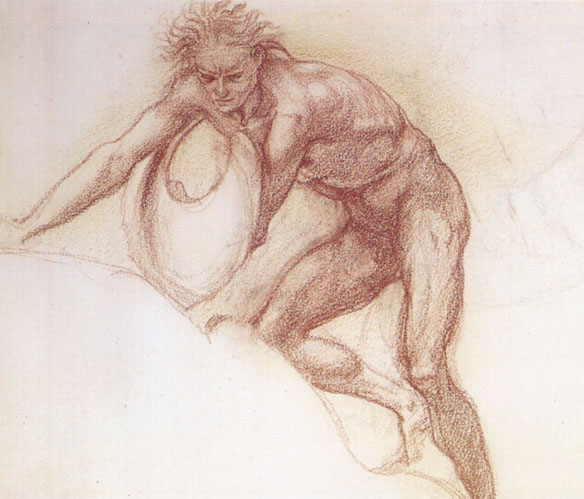 Study of a nude male figure on hands and knees holding a shield