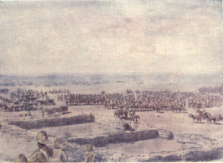 Battle of Osfontein Advance of Mounted Infantry and Artillery, as seen from Kopje occupied by Headquarters Staff and Naval Guns