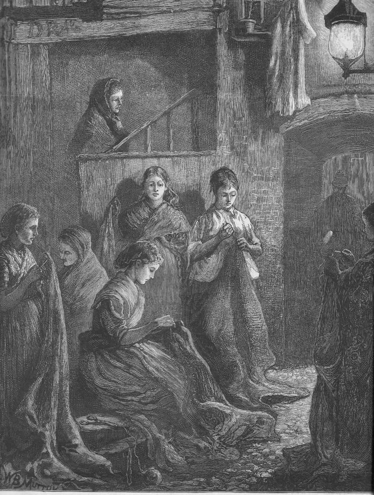 London Life in the East End – Sack Making by the Light of a Street Lamp