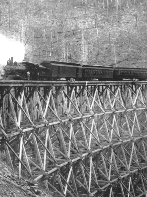 Northern Pacific Railroad engine 398 on a wooden trestle