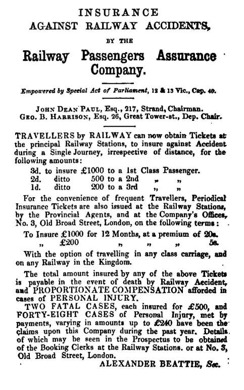 Railway Insurance Advertisement, 1851
